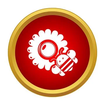 Bee flying toward a flower in red circle icon Stock Illustration