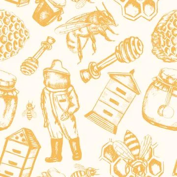 Bee Garden - hand drawn seamless pattern Stock Illustration