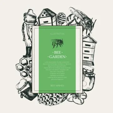 Bee Garden - modern drawn square postcard template. Stock Illustration