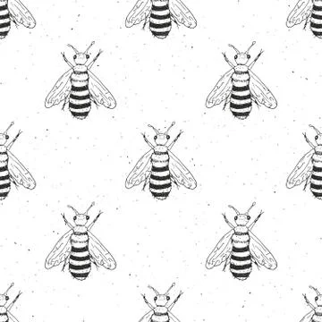 Bee hand drawn seamless pattern, monochrome background vector illustration Stock Illustration