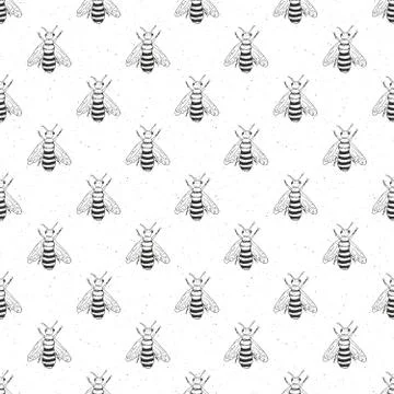 Bee hand drawn seamless pattern, monochrome background vector illustration Stock Illustration