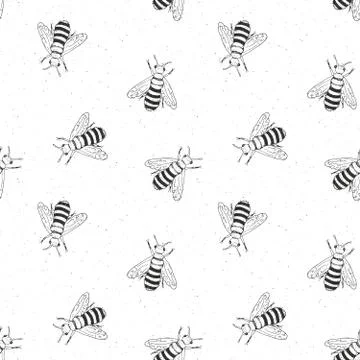 Bee hand drawn seamless pattern, monochrome background vector illustration Stock Illustration