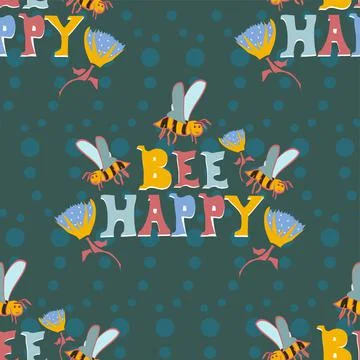 Bee Happy Vector Repeatable Pattern With Bees And Flowers On Green Stock Illustration
