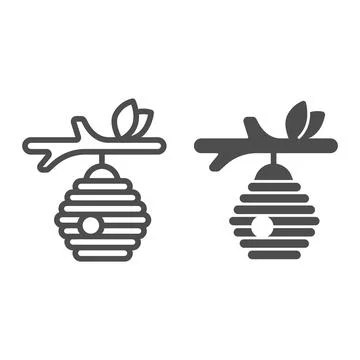 Bee hive on a branch line and solid icon, Thanksgiving Day concept, Beehive Ilustração Stock