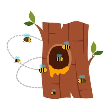 Bee Hive Flying Around Tree Hollow with Honey Vector Illustration Stock Illustration