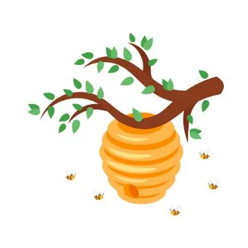 Bee hive with flying bees Stock Illustration