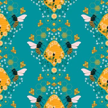 Bee Hive Honeycomb Daisy vector seamless pattern. イラスト素材