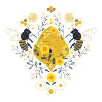 Bee Hive Honeycomb Daisy vector illustration. Stock Illustration