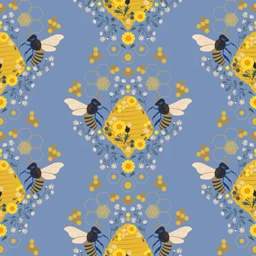 Bee Hive Honeycomb Daisy vector seamless pattern. Stock Illustration