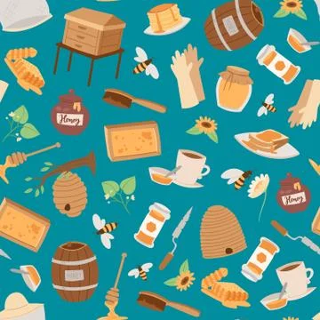 Bee hive seamless pattern beekeeper harvesting honey background vector Stock Illustration