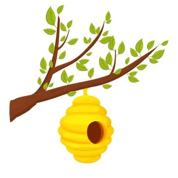 Bee hive on tree branch in cartoon style isolated on white background. Wild Illustrazione stock