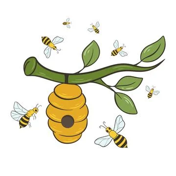Bee hive on tree branch with honey bees Stock Illustration