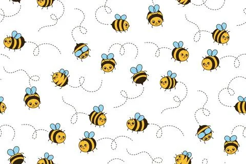 Bee honey cartoon seamless pattern honeybee insect characters funny faces retro Stock Illustration