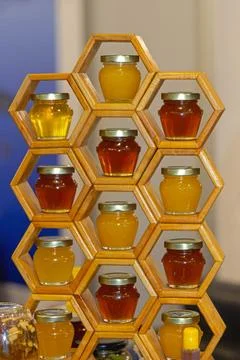 Bee Honey Jars Shelf Stock Photos