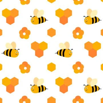Bee honey seamless pattern flat textile print fun illustration for kids propo Stock Illustration