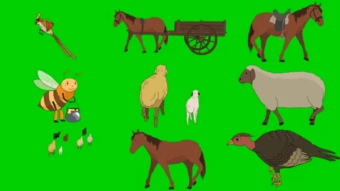 Bee Horse Wagon Sheep Lamb Chick Turkey Cart Ride 2d animated cartoon 库存影片 334703344