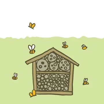 Bee hotel insect butterfly bug house, wooden object produced to mimic the sol Stock Illustration