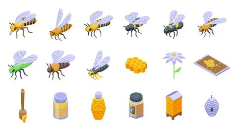 Bee icons set isometric vector. Buzz fly Stock Illustration