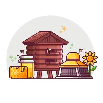 Bee Keeping and Apiary Scene in Line Art Stock Illustration
