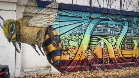 Bee Mural on Train Viaduct Stock Footage 220633091