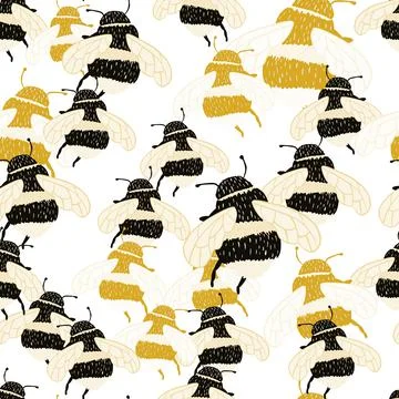 Bee pattern seamless in freehand style. Cute insect which extract honey on co Illustrazione stock