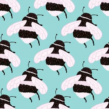 Bee pattern seamless in freehand style. Cute insect which extract honey on co Stock Illustration