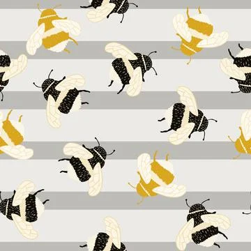 Bee pattern seamless in freehand style. Cute insect which extract honey on co Stock Illustration