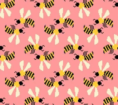 Bee pixel art pattern seamless. insect honeybee 8 bit background. Baby fabr.. Stock Illustration