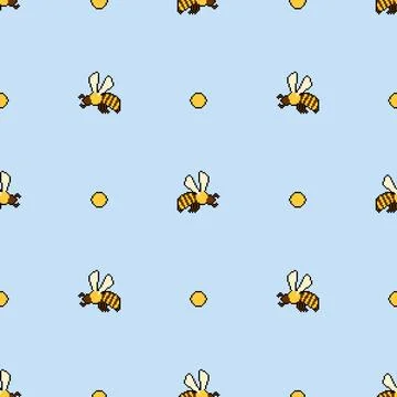 Bee pixel art pattern seamless. insect honeybee 8 bit background. Baby fabr.. Stock Illustration