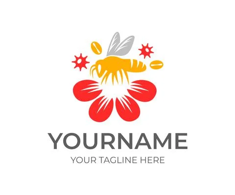 Bee pollinates flower and pollen of fruit trees, logo design Stock Illustration