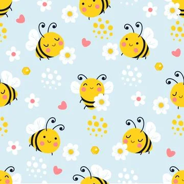 Bee seamless pattern. Bees flying, daisy meadow and insect pretty fabric prints Stock Illustration