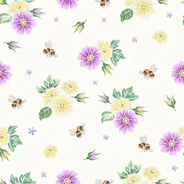 Bee seamless pattern. Embroidery daisy and bees, flying insects. Bedding silk 库存插图