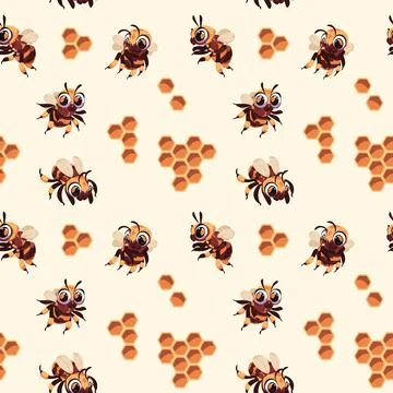 Bee seamless pattern. Print with cute cartoon flying honey bees, bug funny イラスト素材