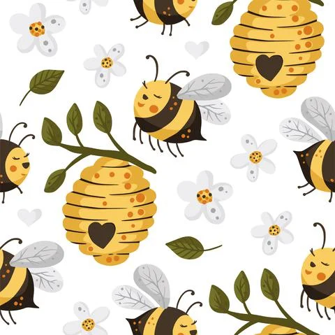 Bee seamless vector pattern. Stock Illustration