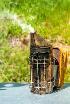 Bee smoker is a beekeeping tool for making smoke used to calm bees. Stock Photos