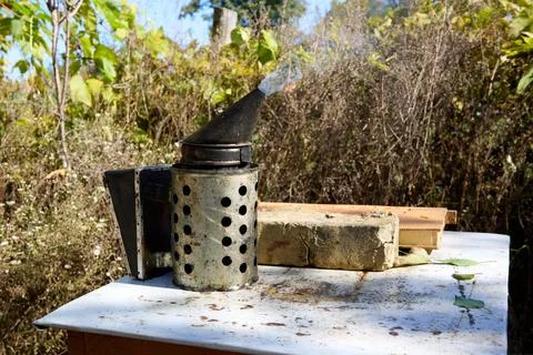 Bee smoker on table with beekeeping tools and natural setting Stock Photos