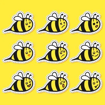 Bee sticker cartoon set Stock Illustration