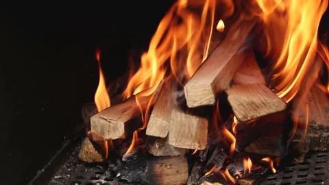 Beech logs burn in the fireplace, Fire in fireplace footage.4K video. Stock Footage 151589189