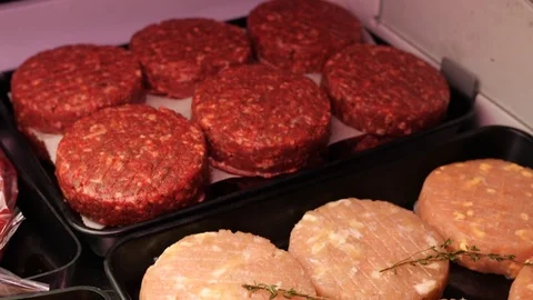 Beef and chicken cutlets, marinated pieces of tenderloin fresh raw beef meat Stock Footage 106275128