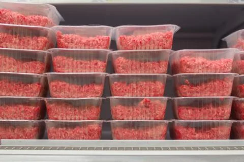 Beef and pork forcemeat in boxes in supermarket Stock Photos
