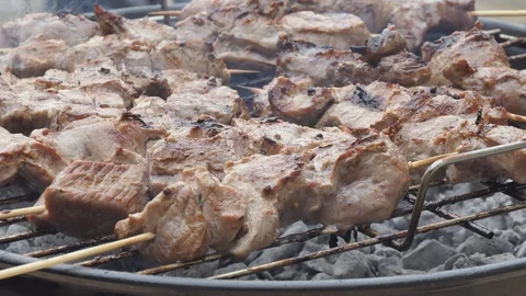 Beef barbecue on sticks grilling. Stock Footage 104071677