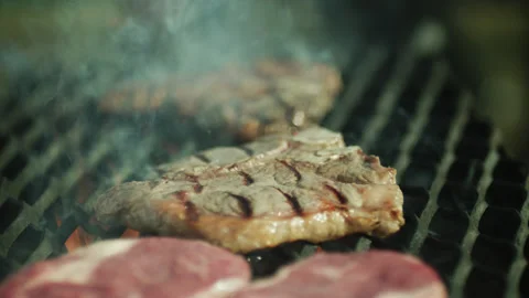 Beef Black Angus Frying on Burning Fire Closeup Stock Footage 156891428