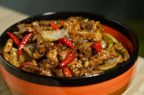 Beef black pepper cooked with vegetables and chili Stock Photos