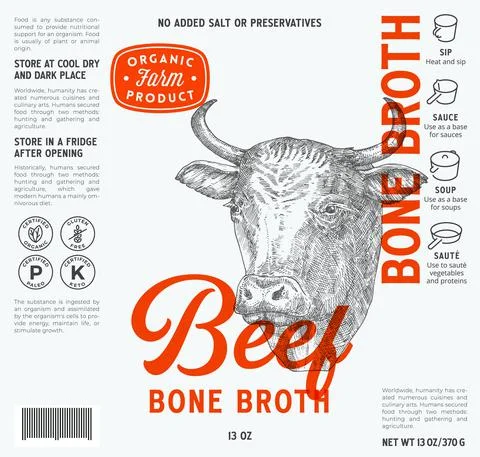 Beef Bone Broth Label Template. Abstract Vector Food Packaging Design Layout Stock Illustration