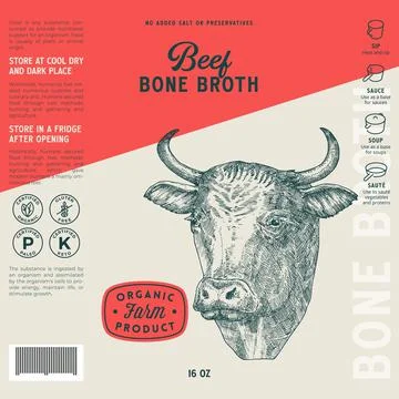 Beef Bone Broth Label Template. Abstract Vector Food Packaging Design Layout Stock Illustration
