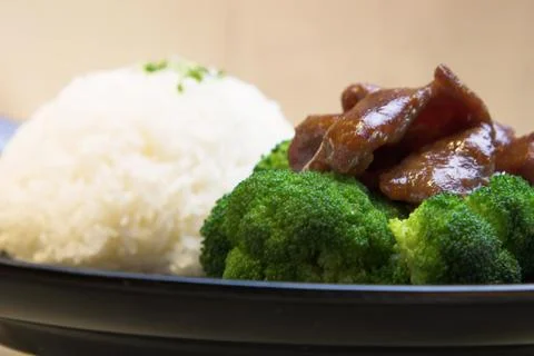 Beef broccoli with rice Stock-Fotos