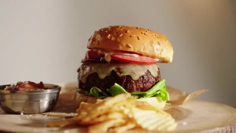 Beef Burger and Chips Stock Footage 254585463