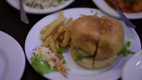 Beef burger with fried rice and salad Stock Footage 246997528