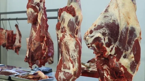 Beef carcasses hang on the counter in the store Vídeos de archivo 83292583