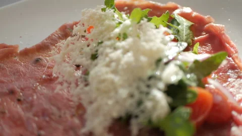 Beef carpaccio with arugula and parmesan cheese Stock Footage 101845782